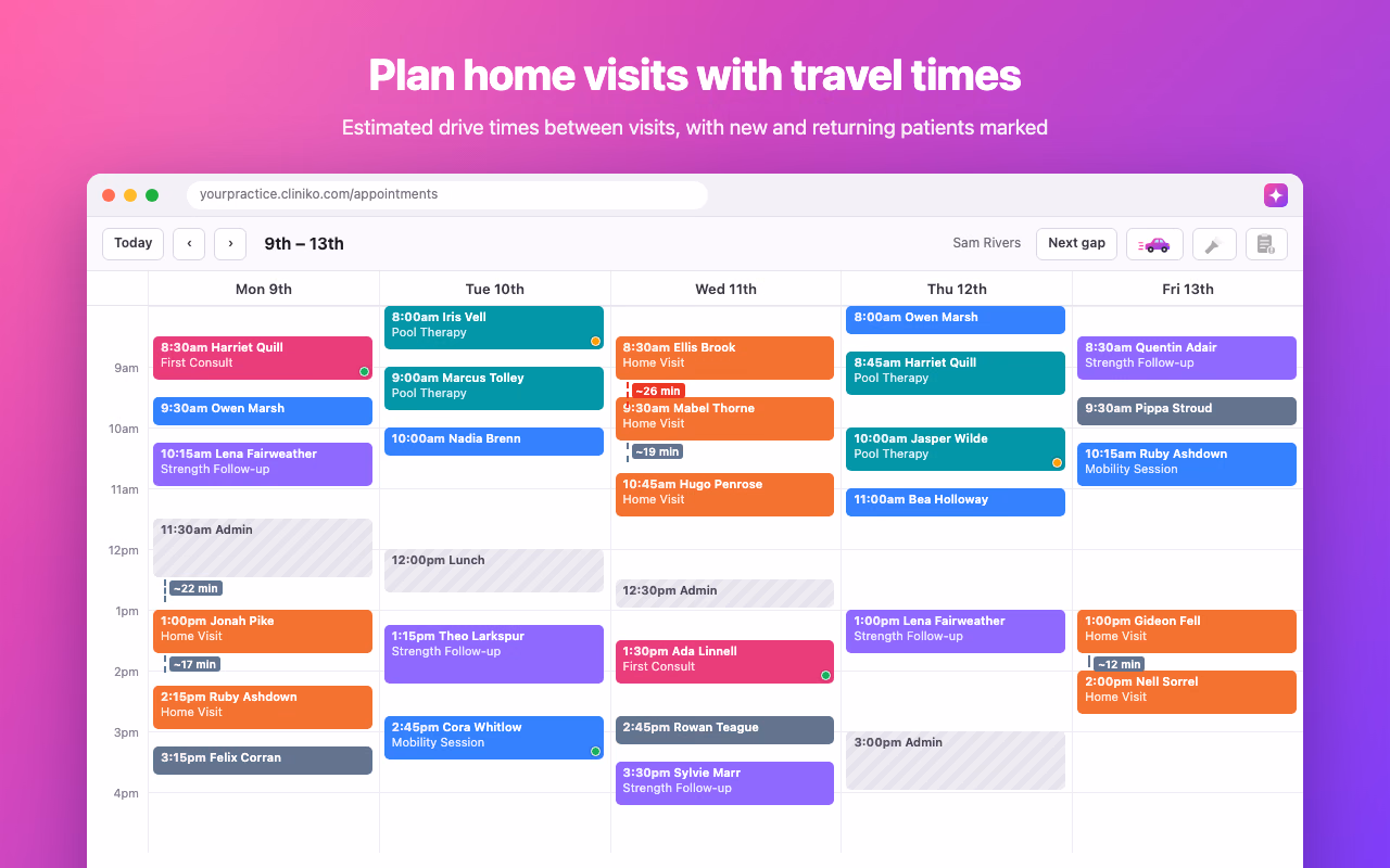 Cliniko diary showing estimated travel times between home visits, with new and returning patients marked