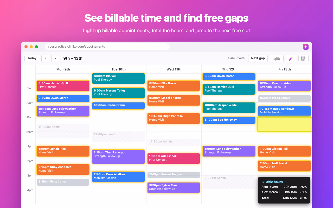 Cliniko diary with billable appointments highlighted, a billable hours panel and the next free gap selected
