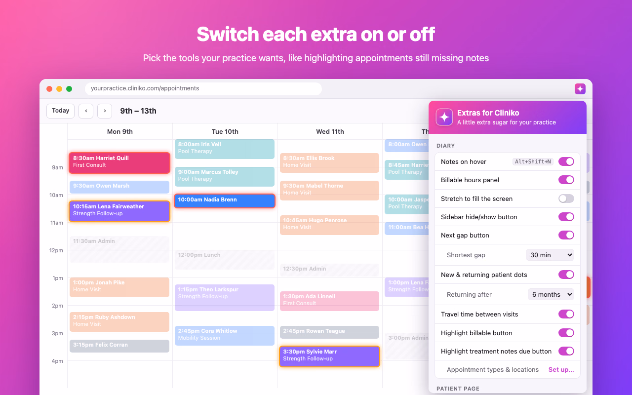 The Extras for Cliniko toolbar popup, where each feature can be switched on or off