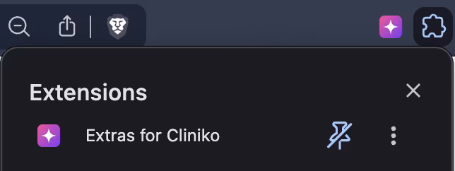 Chrome's extensions menu, opened from the puzzle piece icon, with the pin icon next to Extras for Cliniko